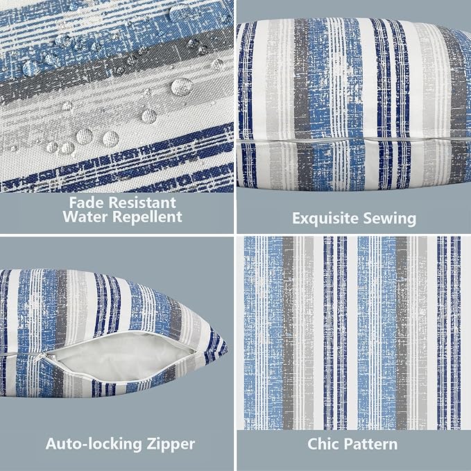 LVTXIII 2 Pack Outdoor Throw Pillow Covers for Patio Furniture, 16x16 Inch Square Pillow Case, Water-Repellent Cushion Covers for Garden, Porch, Sofa, Stripe Layered Blue