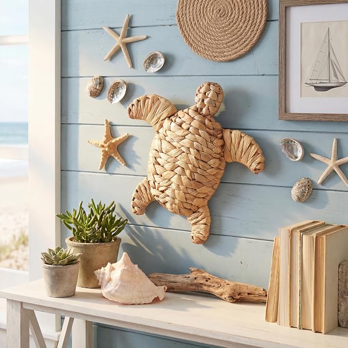Threehoney Sea Turtle Beach Theme Decor 9.84 Inch Handmade Wicker Turtle Wall Decor Sea Life Hanging Wall Art Coastal Nautical Sculpture Table Decoration for Boho Bathroom Indoor Outdoor Ornament