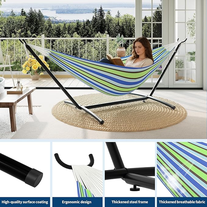 Garvee 2 Person Hammocks with Stand for Outside, Double Hammocks Portable Space Saving Heavy-Duty Steel Stand for Indoor Outdoor Patio with Carrying Bag, 450 lbs Capacity
