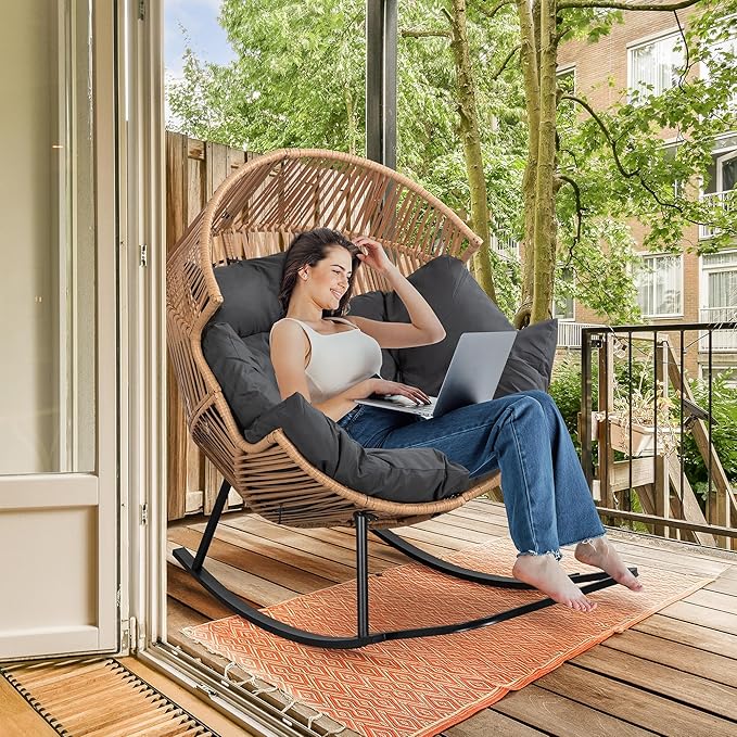 Shintenchi Wicker Egg Chair,Outdoor Indoor Rocking Chair,Large PE Rattan Rocking Chair with Cushion for Patio, Balcony, Backyard, Garden,Deep Grey
