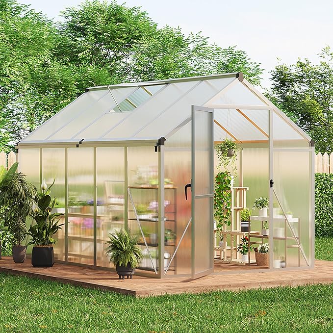 Garvee 6 x 10 ft Greenhouse, Greenhouses for Outside, Polycarbonate Greenhouse with Aluminum Frame, Lockable Door and Ajustable Roof Vent for Backyard, Green Houses for Outside Garden Backyard, Patio
