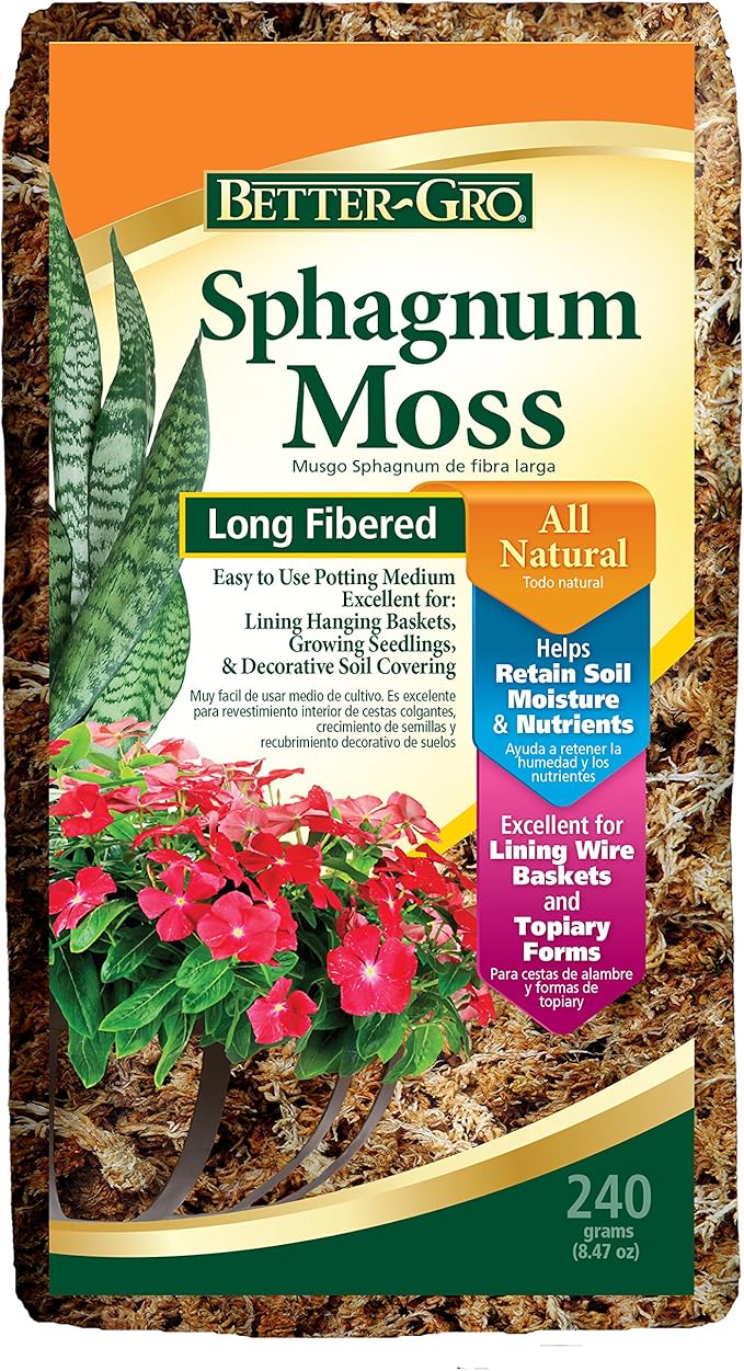 Better-Gro Sphagnum Moss - 100% Natural, Long-Fiber Moss for Orchids, Ferns, and Hostas, Excellent for Hanging Baskets and Propagating Plants - 240 Cubic Inches (Pack of 12)