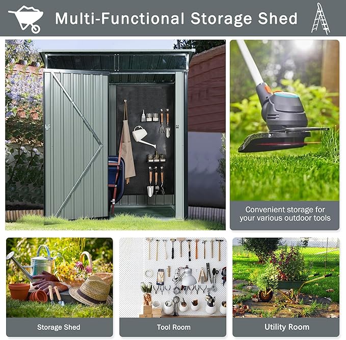 5 x 3ft Outdoor Metal Storage Shed with Lockable Door Aluminum Frames Easy Assembly Outdoor Storing Tools for Bike Trash Can Machine Black One Size