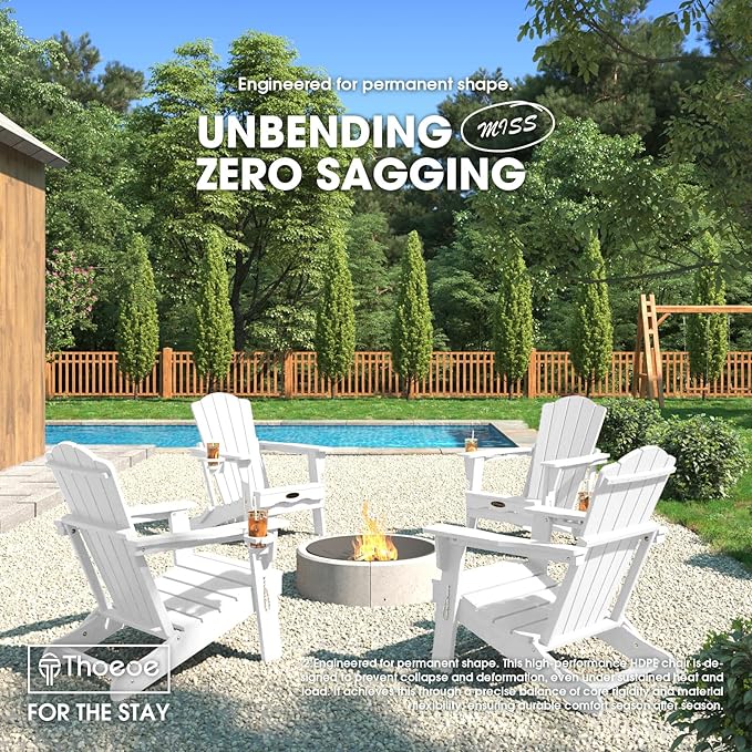 THOEOE Folding Adirondack Chair,HDPE All-Weather Outdoor Chair with Cup Holder,Wooden Textured,Fire Pit Chair,Plastic Patio Chair for Deck,Backyard,Garden,Lawn, White