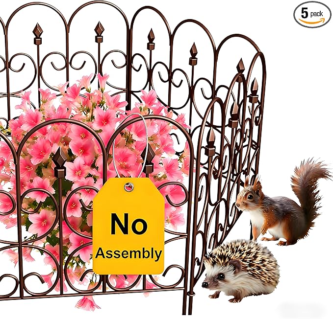 AMAGABELI GARDEN & HOME 5 Panels 32in(H)×10ft(L) Decorative Garden Fences and Borders for Dogs No Dig Metal Fence Panels Garden Edging Border Fence for Animal Barrier Fencing for Flower Beds Brown