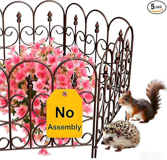 AMAGABELI GARDEN & HOME 5 Panels 32in(H)×10ft(L) Decorative Garden Fences and Borders for Dogs No Dig Metal Fence Panels Garden Edging Border Fence for Animal Barrier Fencing for Flower Beds Brown