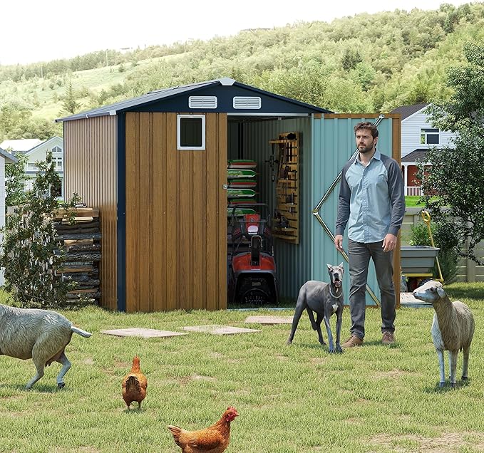 YOPTO 6x8 FT Sheds & Outdoor Storage,Steel Storage Shed with Lockable Doors and Window,Waterproof Garden Shed w/Roof Slope Design & Weather Versatility,Tool House for Storing Bicycles,Yellow
