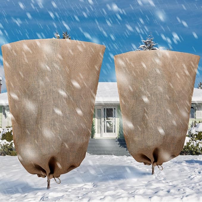 Woanger 8 Pcs 40 x 56 Inch Burlap Winter Plant Cover Bags Reusable Warm Large Plant Frost Protector with Drawstring Freeze Protection Tree Freeze Blanket for Outdoor Garden