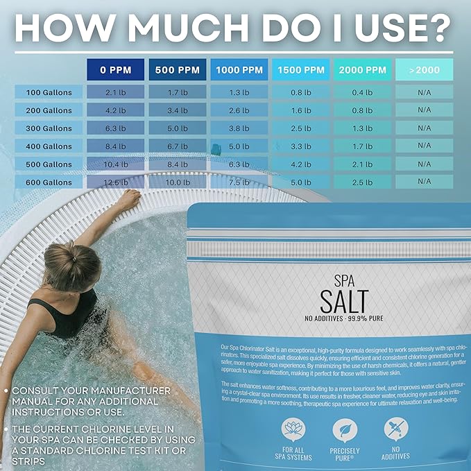 Hot Tub Spa Salt for Water Systems & Chlorine Generators, Pool Salt for Hotspring, Jacuzzi, Caldera, Ace, & Freshwater, 10 Lbs/500 Gallons