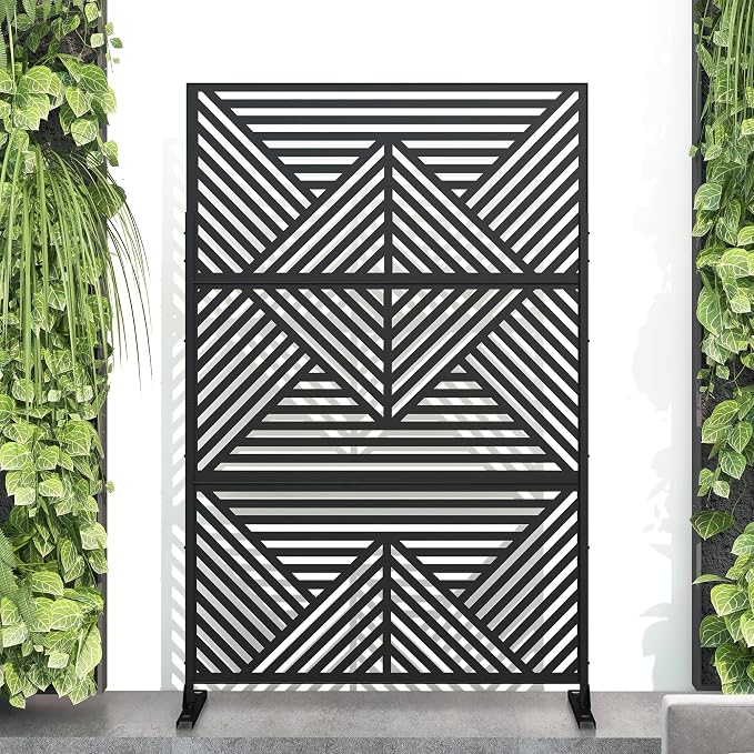Casaphoria 72" H x 47" W Metal Outdoor Privacy Screen, Freestanding Decorative Divider for Patio, Deck, Balcony, and Garden with Stable Base, Black Zodiac