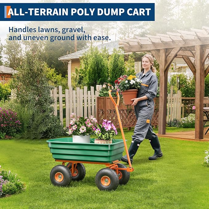 Poly Dump Cart, 4 Cu.Ft. Heavy Duty 600 LBS Garden Cart, 10" No-Flat Tires & 180° Rotating Handle, Rust-Proof Polyethylene Yard Dump Wagon for Yard, Landscaping, Gardening, Quick Release