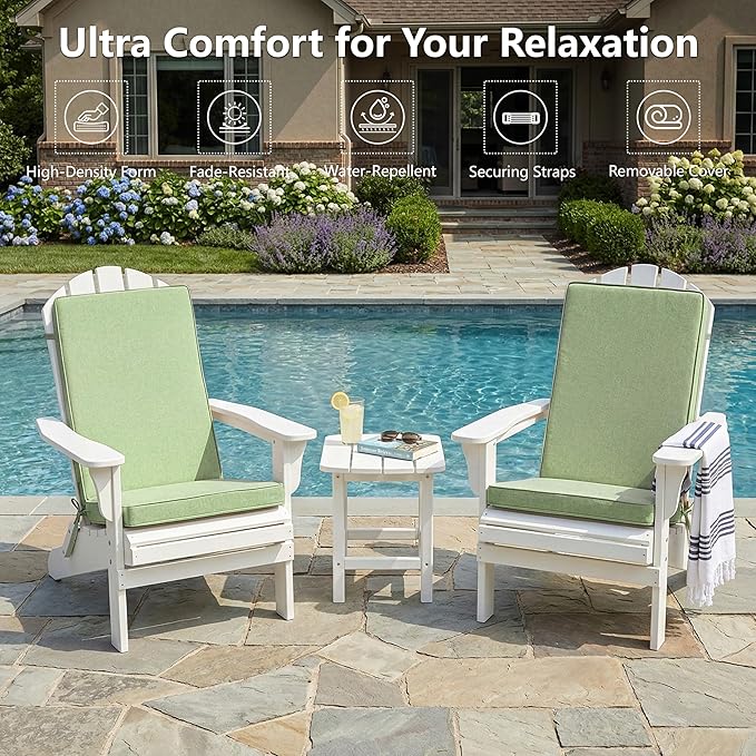 Adirondack Chair Cushions Set of 2 - Removable Covers, Water-Repellent & Fade-Resistant Faux Linen, Securing Straps, Non-Slip Bottom, Fit for Most Outdoor Adirondack & Rocking Chairs - Sage Green