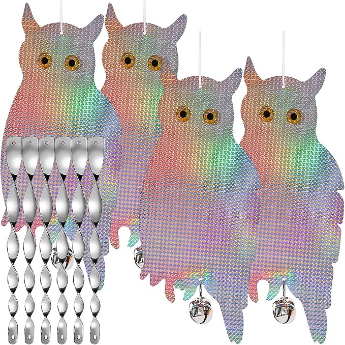 Dyvicl Fake Owl Hanging Reflective Owl for Woodpecker Deterrent 4 Pack, Bonus 6 Reflective Scare Spiral Rods