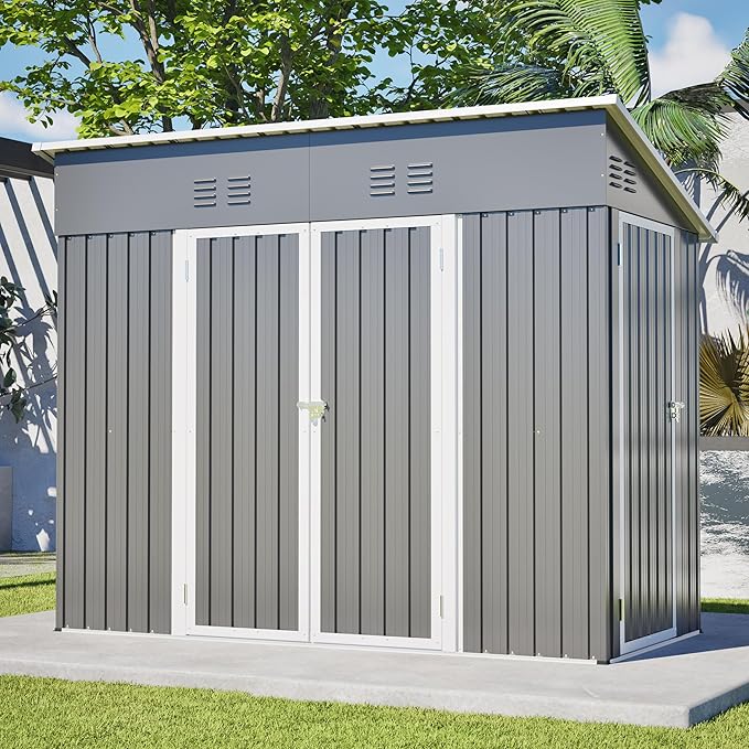 YOPTO 4x8 FT Outdoor Storage Shed with Floor Frame,Metal Shed W/Left/Right Optional Lockable Door,Heavy-Duty Garden Tool Storage House W/ 4 Air Vents & Sloping Roof,for Backyard,Patio,Lawn,Gray