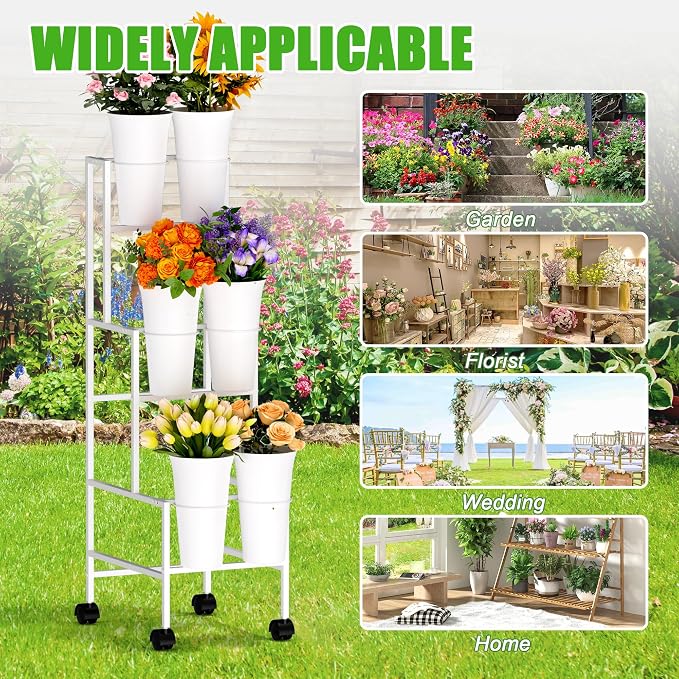 Flower Display Stand with 6 Buckets, Flower Cart with Wheels, 3 Layers Metal Flower Bar Stand Moving Flower Stand Florist Bouquet Shelf for Weddings Party Ceremony Indoor Outdoor Garden (White)