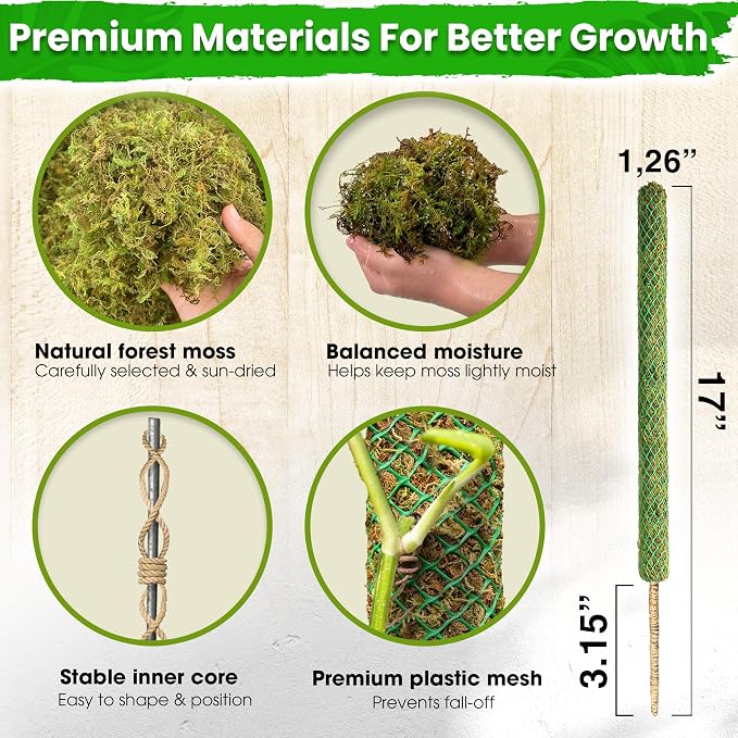 DUSPRO 2 Pack 17’’ Mesh Moss Pole for Climbing Plants, Natural Moss Pole Monstera Plant Support, Real Moss Poles for Plants Indoor, Moss Stick for House Plants, Moss Stakes for Climbing Plants