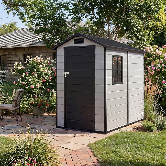 Resin Outdoor Storage Sheds 4x6 ft, Upgraded Double-Wall Outdoor Plastic Shed with Window & Double Doors, Waterproof Lockable Garden Shed (Grayish White + Black, 4 X 6 ft)