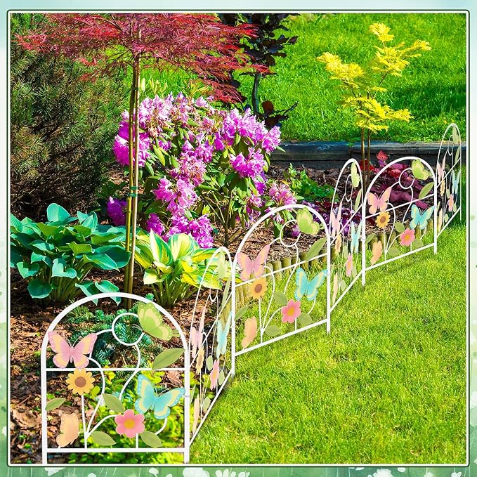 Yaocom 6 Pack Pastel Butterfly Decorative Garden Fence 16.5''h x 11.8''w Animal Barrier Border Butterfly Flower Design Metal Arch Fence Panel for Spring Outdoor Patio Yard Landscape Decoration