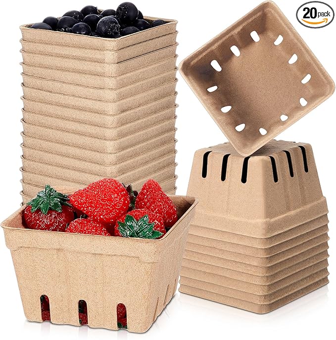 Reallnaive 20 Pack Natural Pulp Fiber Berry Baskets 1 Pint, Small Molded Produce Vented Basket for Strawberry, Blueberry, Raspberry, Vegetables, Farmers Market, Fruit Picking, Garden Harvest, Party