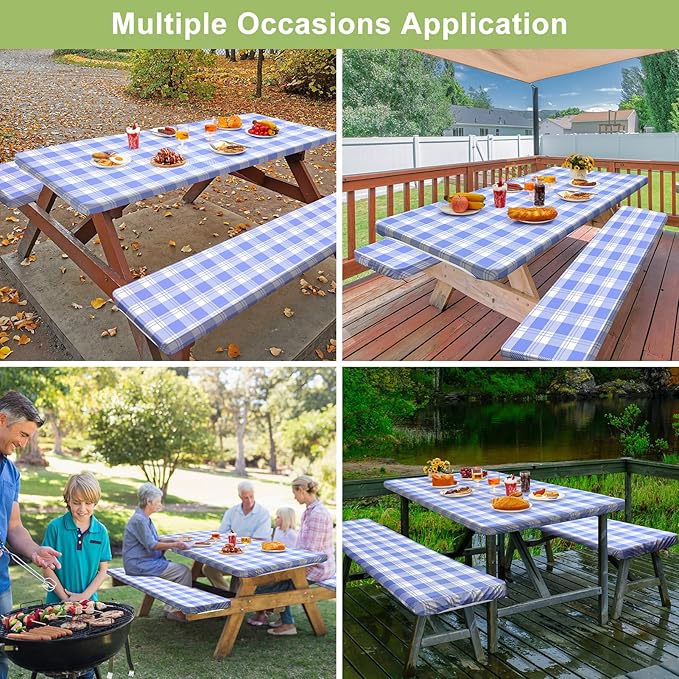Picnic Table Cover with Bench Covers Camping Essentials Waterproof Windproof Camping Tablecloth with Drawstring Bag, Fitted Rectangle Tables and Seats, 96in, Light Blue Checkered