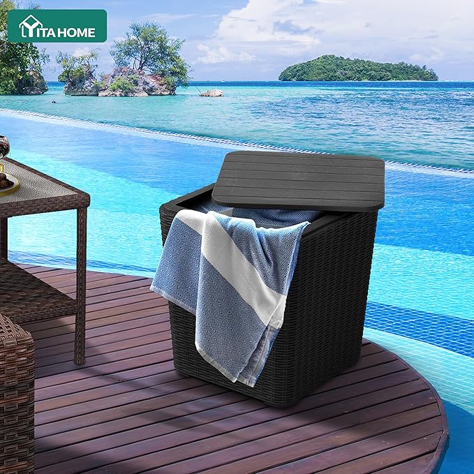 YITAHOME Resin Outdoor Deck Box Coffee Table, Waterproof Side Table, Outdoor Sstorage Box with 11.5-Gallon Storage Box for Patio, Cushions, Supplies, Black, Wood Panel+Rattan