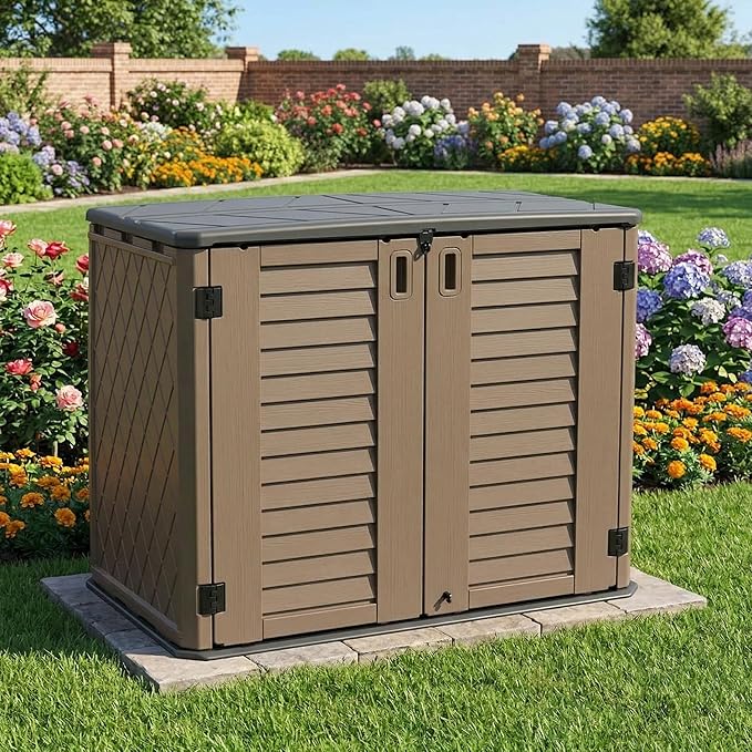 Outdoor Storage Cabinet, 34 Cu. Ft Horizontal Resin Storage Shed for Trash Cans/Garden Tools/Backyard/Pool, Weatherproof & Lockable, No Shelf Included (Brown)