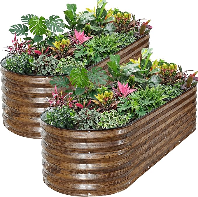 ZORMY Galvanized Raised Garden Bed Outdoor- 2PCS 6x2x1.4ft Oval Steel Raised Beds for Gardening, Metal Planter Box with Protective Strip and Gloves for Vegetables, Flowers, Fruits(Brown)