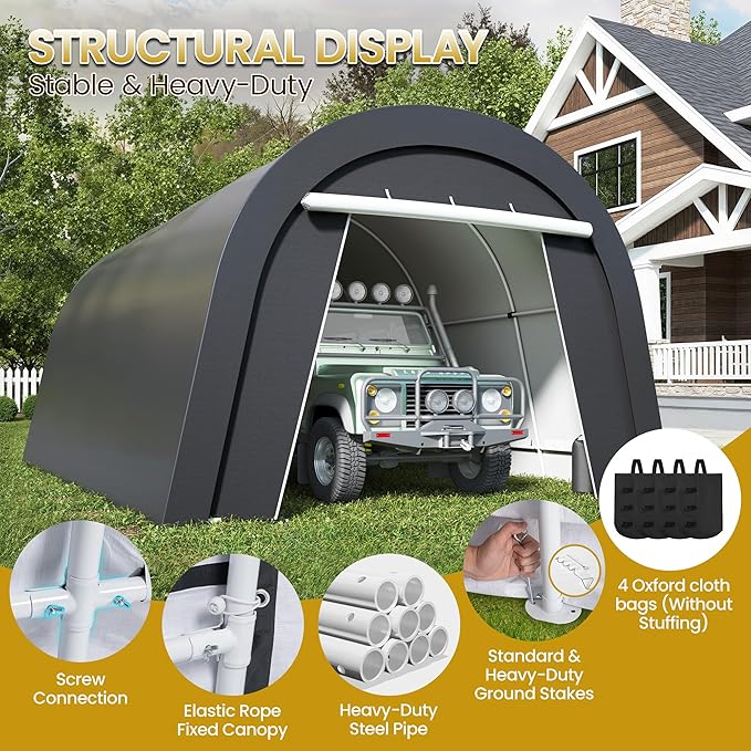 13' x 20' Domed Carport with 4 Cloth Bags, Portable Garage with 2 Roll-up Doors, All-Weather Storage Shelter Shed for Cars, Truck, or Garden Tools