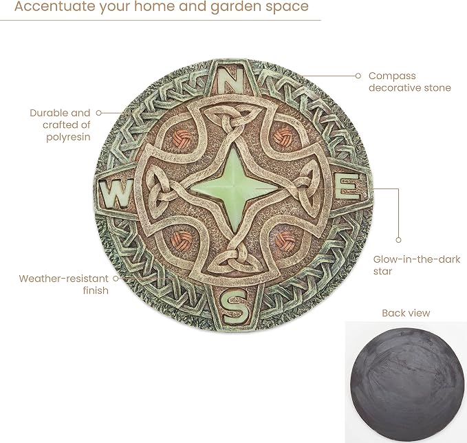Bits and Pieces - Glow in the Dark Celtic Compass Garden Stone - Irish Garden Decor Yard Art Accent - 10" x 10" Round Durable Polyresin Stepping Pavers for Landscaping and Outdoor Pathways