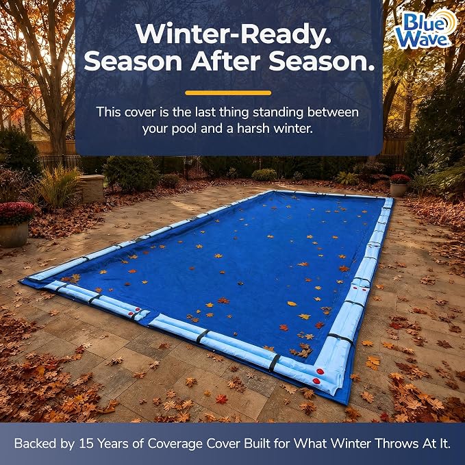 Blue Wave Gold 15-Year 20-ft x 44-ft Rectangular In Ground Pool Winter Cover | Solid polyethylene, black underside, heat-sealed seams, grommets, cable, winch, 5-ft overlap, 15-yr support, blocks debris