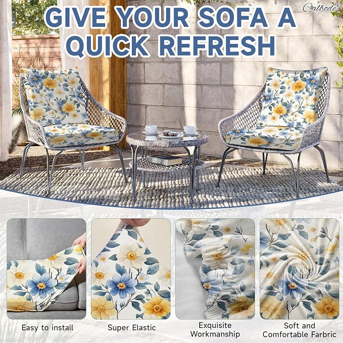 CALBODE 8 Pcs Stretch Outdoor Seat Cushion Covers, Washable Chair Seat Cover for Patio Furniture Cushions Soft Indoor and Outdoor Couch Cover Replacement (Spring Bloom, Cover Only)