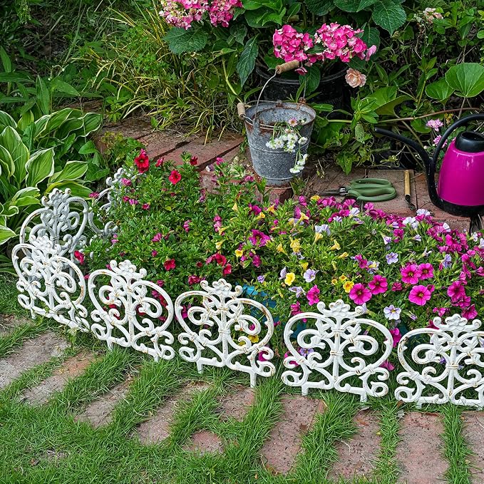 Sungmor Decorative Cast Iron Garden Edging, 4 Pack Rustic White Victorian Garden Edging Landscape Border, Vintage Metal Yard Stake Low Picket Fence, 11.8" Tall Outdoor Flower Bed Lawn Fence Panels