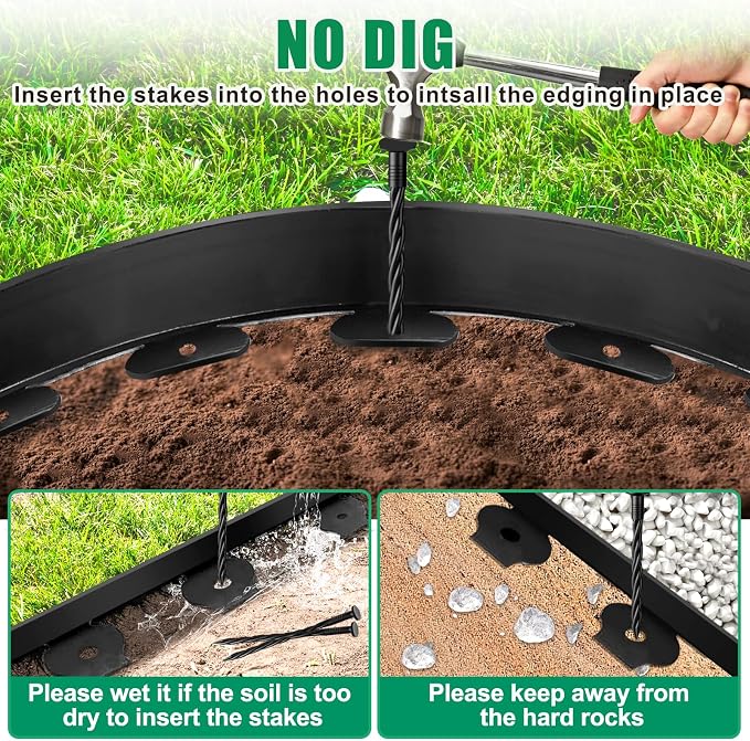 Landscape Edging - 2” Tall Garden Edging Border with 20 Stakes, 20FT No Dig Lawn Edging for Landscaping for Garden Bed, Yard, Thickened Top Edge (0.15”) Flower Bed Border Edging for Outdoor