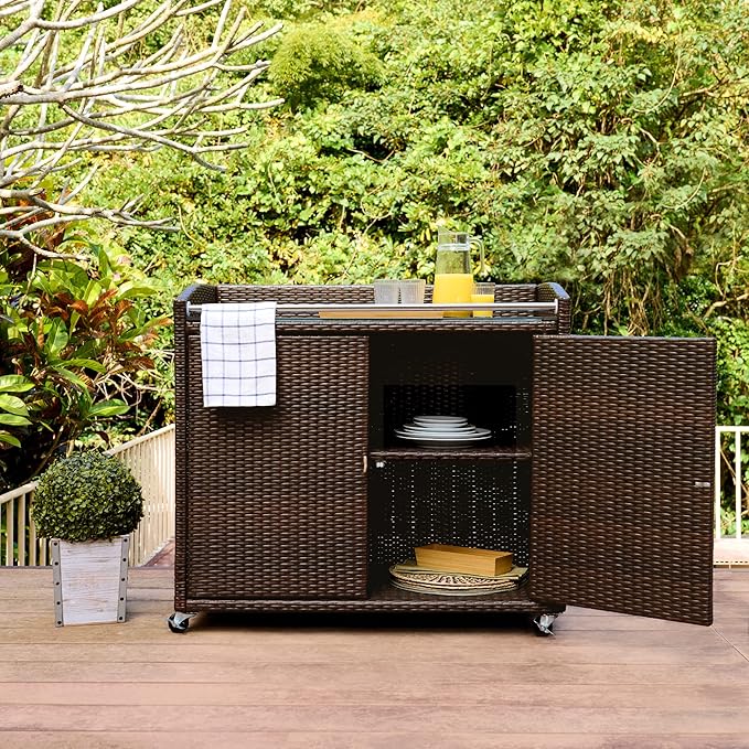 Teamson Home 39.5 in. Veronica Outdoor Rolling Bar Cart with Locking 360-degree Wheels, Weather-Resistant PE Rattan, Glass Tabletop, and 270 Gallon Storage Capacity, Brown
