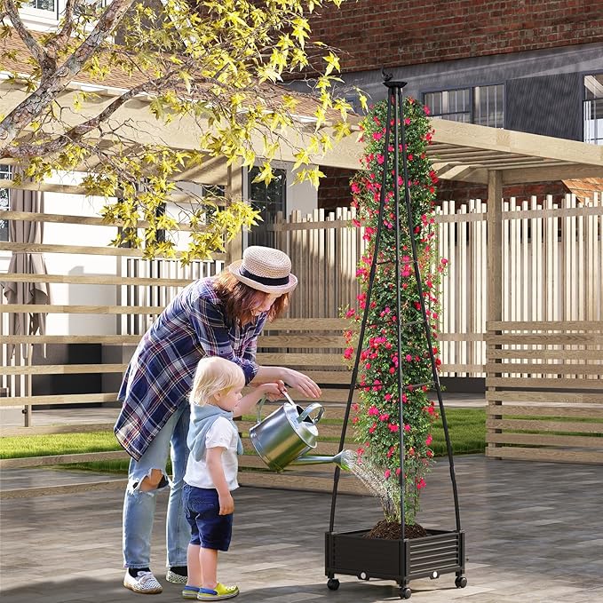 HAPPYGRILL Raised Garden Bed, 81” Tomato Cage w/Self-Drainage System, Adjustable Size & Wheels for Climbing Vine Fruits Flowers, Tomato Planter Box for Indoor Outdoor Yard Lawn Patio Greenhouse