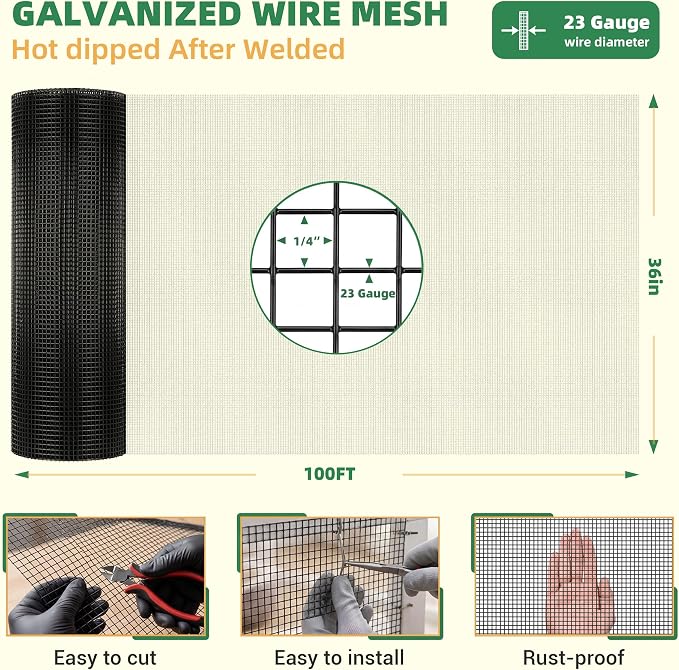Jotesnew 1/4 inch Hardware Cloth, 36in x 100ft 23Gauge Hot Dipped Wire Mesh Roll, Black Coated Welded Wire Fence for Chicken Wire Mesh, Rabbit Cages, Poultry Netting, Garden