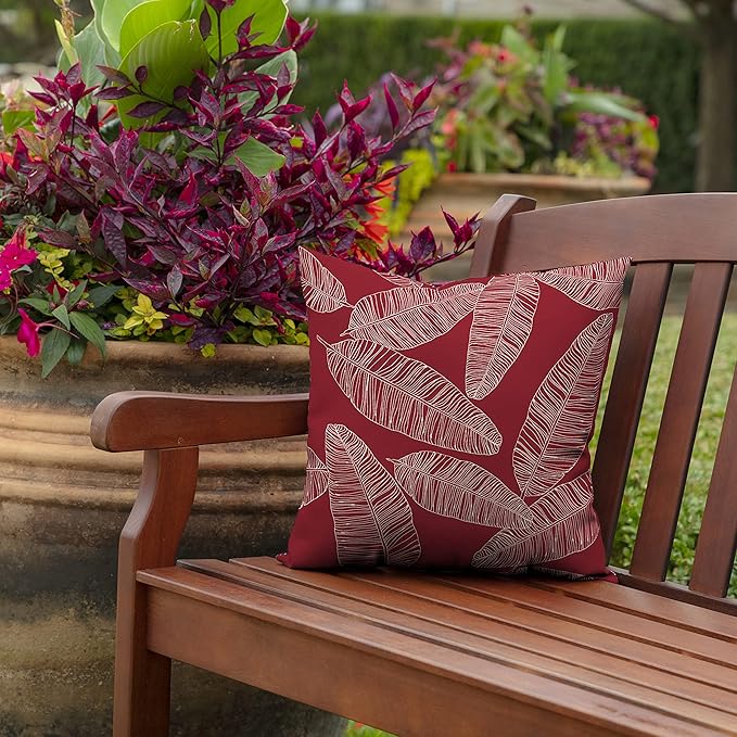 Arden Outdoor Toss Pillow, 2 Pack, 16 x 16, Rain-Proof, Fade Resistant Red Leaf Palm
