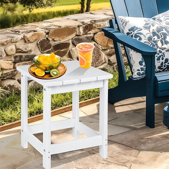 LZRS Square Patio Side Table, Heavy Duty HDPE Outdoor End Table with Wood Texture, Weatherproof Composite Table for Adirondack Chairs, Deck, Pool, Indoor/Outdoor, No Peeling or Cracking(White)