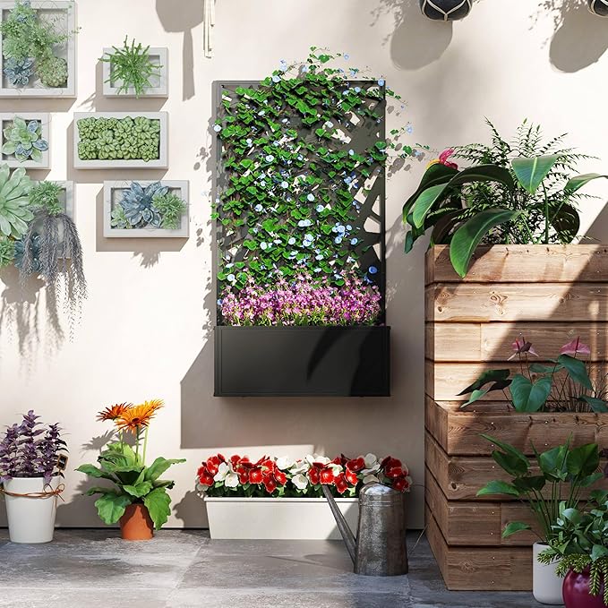 Outsunny Metal Raised Garden Bed with Trellis for Climbing Plants, Freestanding or Wall Mounted Flower Bed with Privacy Panel, Irregular Line Cut-Outs Outdoor Planter Box for Garden, Patio, Balcony