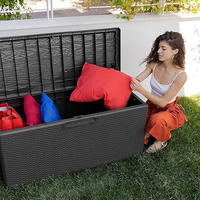Toomax Portofino Large 90 Gallon Plastic Outdoor Storage Backyard Deck Box, with Lockable Lid, Seat Weight Capacity 450 Pounds, Gray