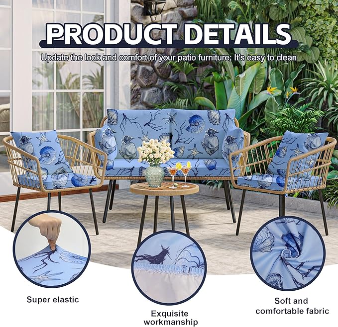 8Pcs Patio Cushion Covers,Outdoor Cushions Covers,Stretch Cushion Covers Replacement, Washable and Reusable Furniture Protectors(Shells & Fish)