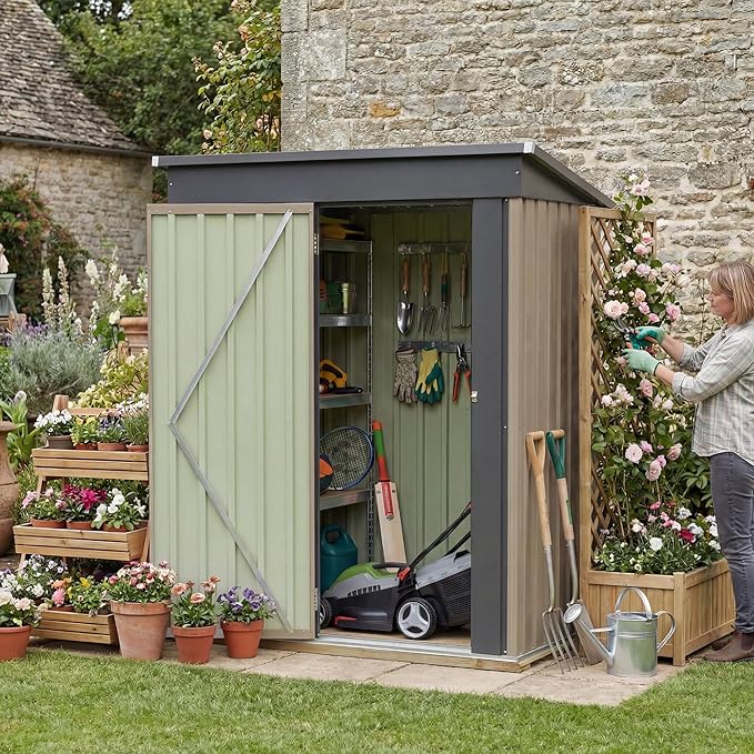Greesum 5x3FT Outdoor Storage Shed with Base, Utility Tool Shed with Sloping Roof, Metal Storaged Garden Shed with Door & Lock for Patio Storage, Brown