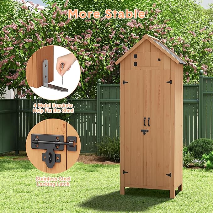 70in Tall Outdoor Storage Shed, Waterproof Wooden Garden Tool Shed with 4 Shelves and Lockable Doors, Vertical Outdoor Storage Cabinet for Patio Yard Lawn