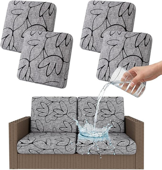 Smiry Waterproof Patio Cushion Covers, Stretch Outdoor Couch Slipcovers Replacement Washable Furniture Protector Sofa Chair Seat Cover for Dogs and Pets (4 Pcs, Grey and Black)