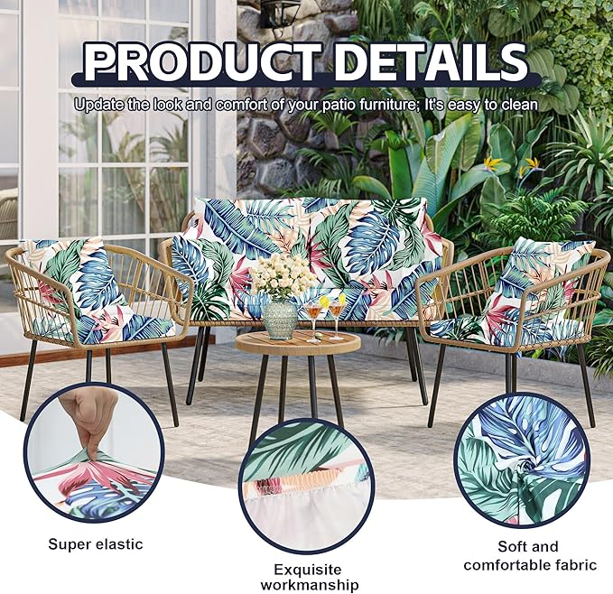 8Pcs Patio Cushion Covers,Outdoor Cushions Covers,Stretch Cushion Covers Replacement, Washable and Reusable Furniture Protectors(Tropical Flair)