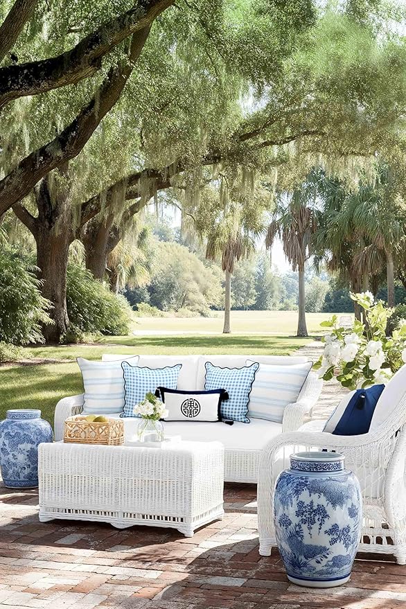 Hofdeco Premium Coastal Hampton Patio Indoor Outdoor Throw Pillow Cover Only, 22"x22" Water Repellent for Backyard, Couch, Poolside, Baby Blue Navy Print Leaf Striped (Pack of 2)