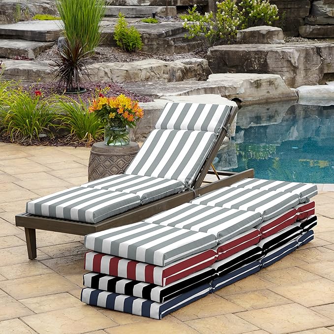 Arden Outdoor Chaise Cushion, 21 in x 72 in, Weather-Proof, Rain-Proof, Fade Resistant Patio Cushion for Chaise Lounger Stone Grey Cabana Stripe