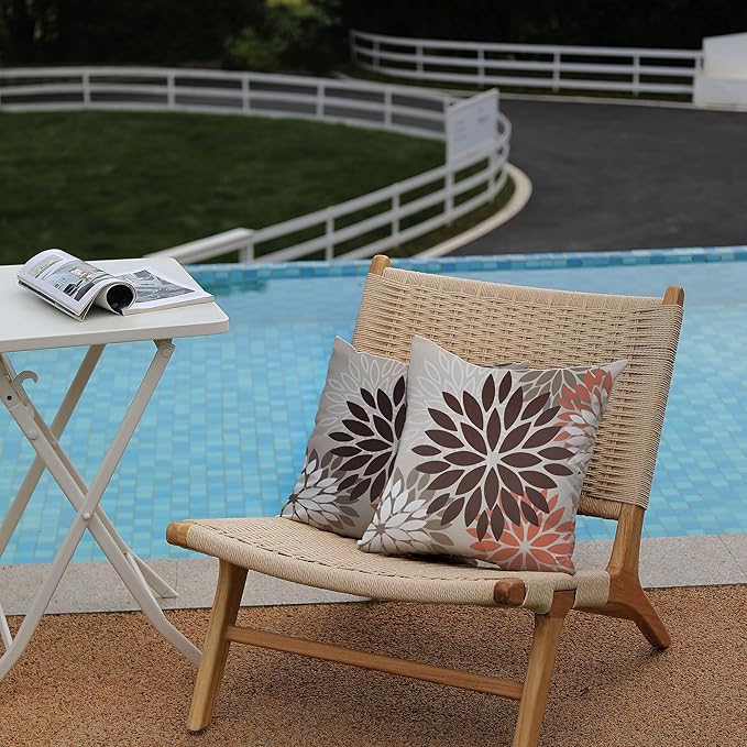 DFXSZ Brown Red Orange Pillow Covers 20x20 Inch Set of 2 Flower Throw Pillows Outdoor Waterproof Decor for Living Room Couch Patio Funiture Garden Modern Floral Polyester Pillow Covers 002A20