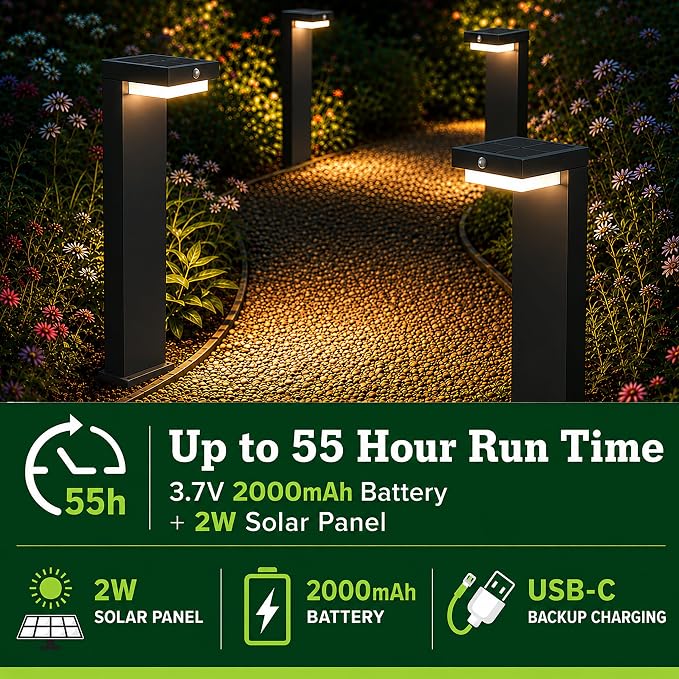 20.5" Solar Pathway Lights - Walkway Solar Lights for Outside - PIR Sensor & Two Lighting Modes - Rechargeable Battery Lasts Up to 55 Hours - 3000K - IP44 Weather Resistant - 2 Pack