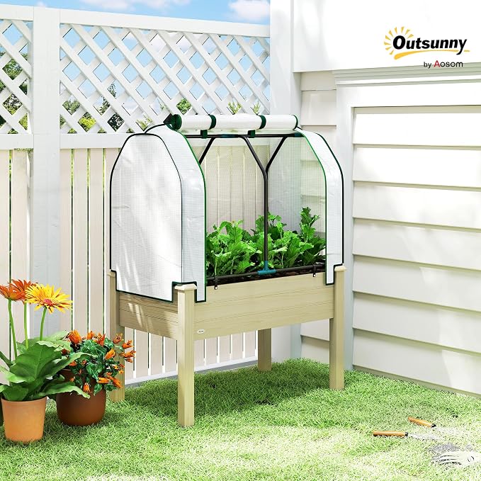 Outsunny Raised Garden Bed with PE Greenhouse Cover Outdoor Elevated Wood Planter Box for Herbs and Vegetables, Use for Patio, Backyard, Balcony, 35 x 22 x 47 inch, Natural